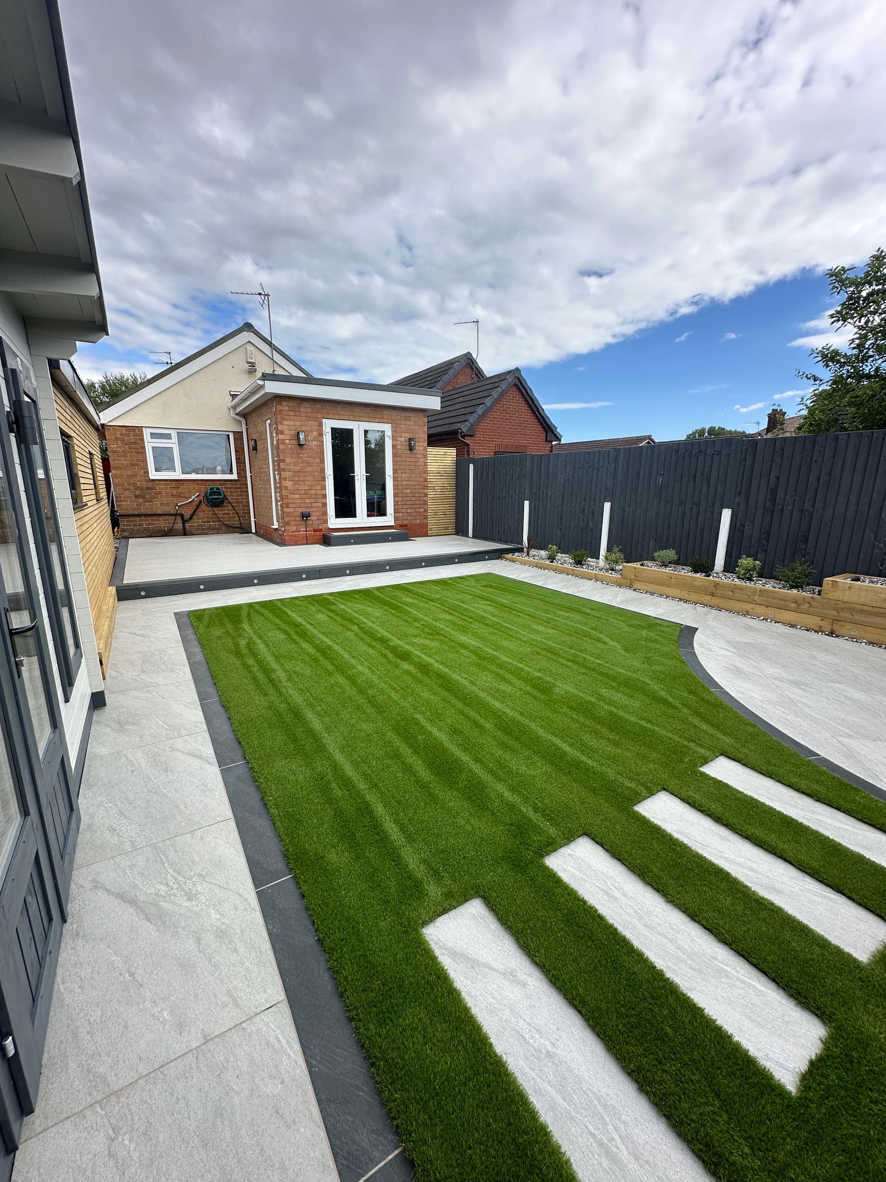 Artificial grass installation with garden lighting and modern landscaping in Liverpool