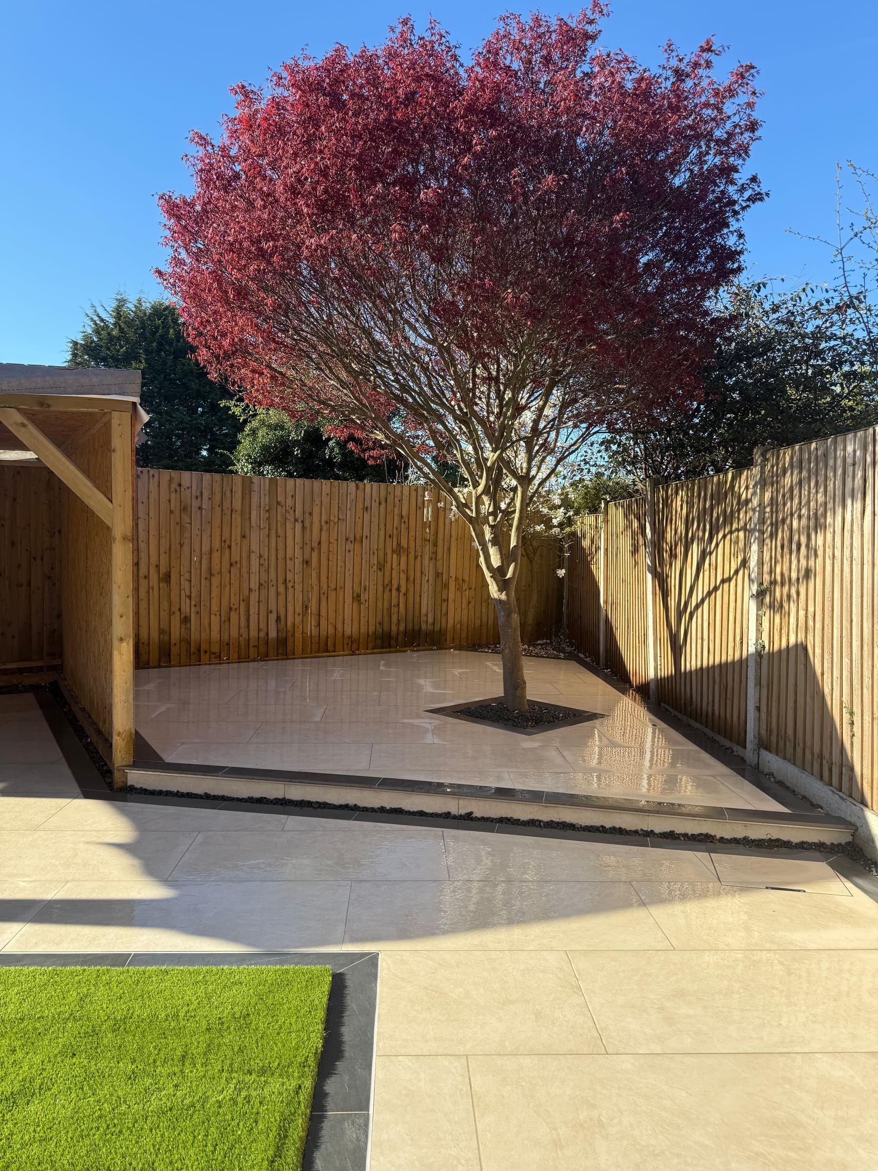 Contemporary landscaped Liverpool garden with a feature tree, paving, pergola and wooden fencing